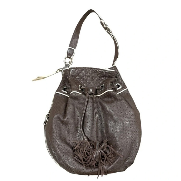Francesco Biasia Brown 100% Calf Leather Perforated Fringe Bucket Bag Hobo - Picture 5 of 15